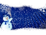 Kerstkaart: Sneeuwpop met blauwe hoed en en sjaal houdt een witte bezem vast tegen een blauwe achtergrond met sneeuwvlokken