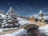 Kerstkaart: Dorpje in de sneeuw met op de voorgrond een kerstboom en een brug over de beek